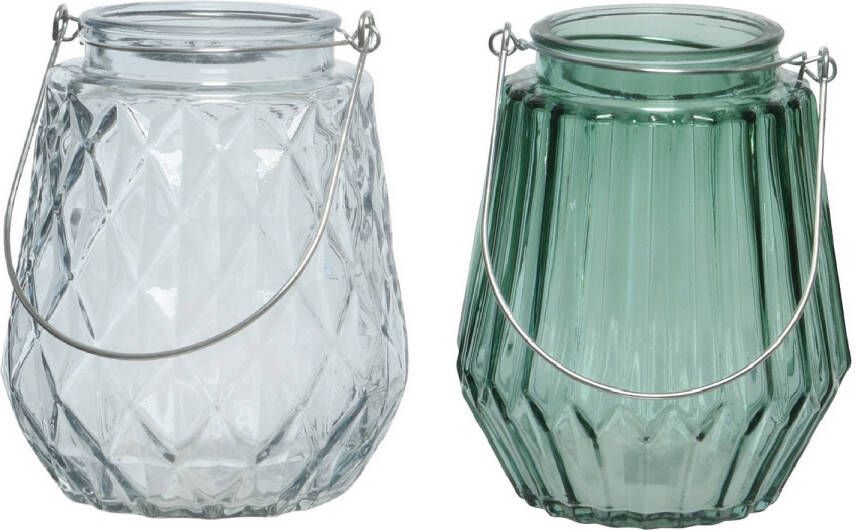 Decoris Set van 2x stuks theelichthouders waxinelichthouders glas ijsblauw en zeegroen 11 x 13 cm Waxinelichtjeshouders