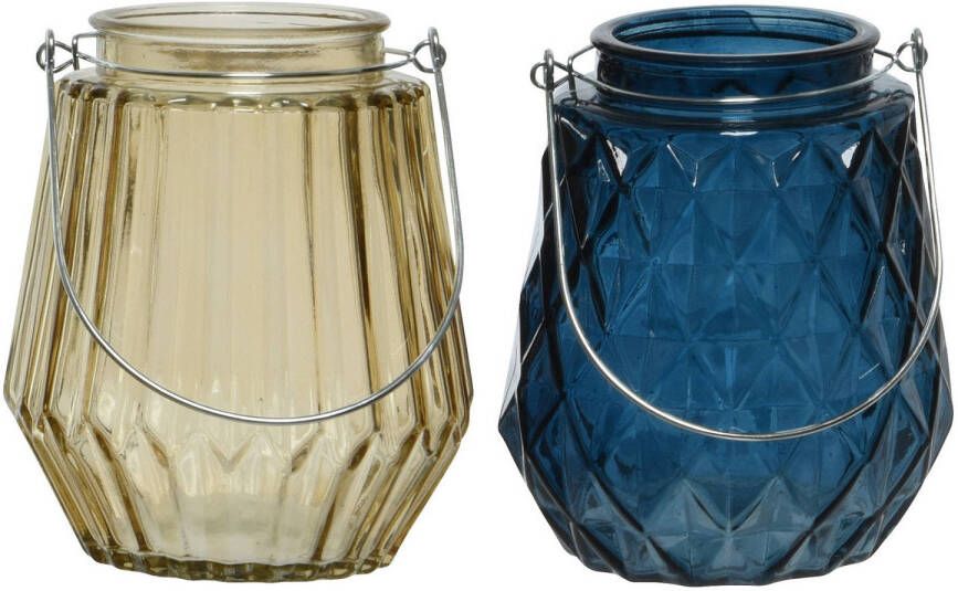 Decoris Set van 2x stuks theelichthouders waxinelichthouders glas taupe en donkerblauw 11 x 13 cm Waxinelichtjeshouders
