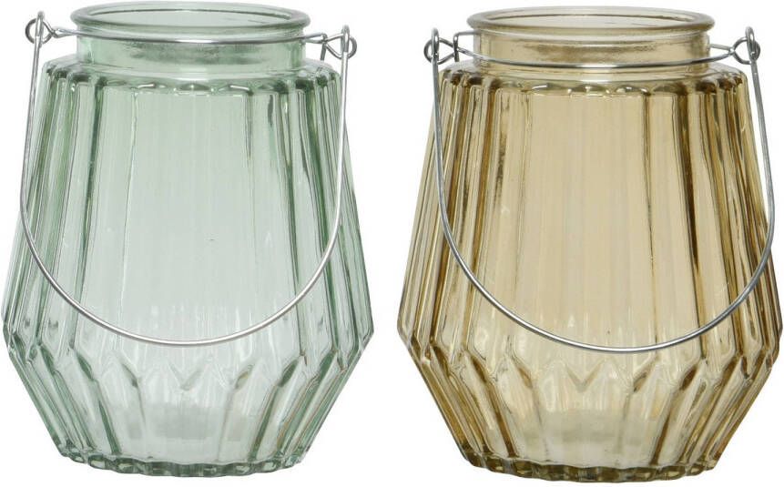 Decoris Set van 2x stuks theelichthouders waxinelichthouders glas taupe en mistgroen 11 x 13 cm Waxinelichtjeshouders