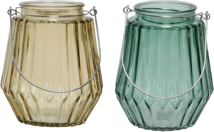 Decoris Set van 2x stuks theelichthouders waxinelichthouders glas taupe en zeegroen 11 x 13 cm Waxinelichtjeshouders