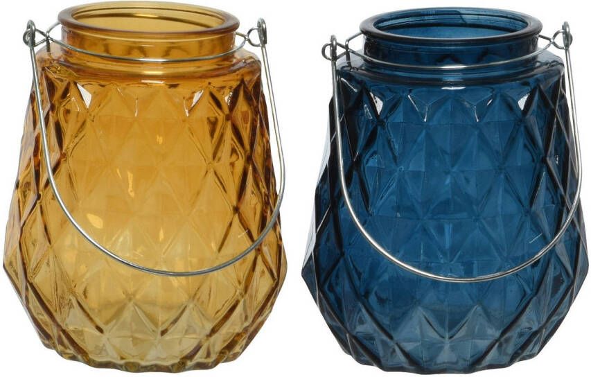 Decoris Set van 2x stuks theelichthouders waxinelichthouders ruitjes glas cognac en donkerblauw 11 x 13 cm Waxinelichtjeshoude