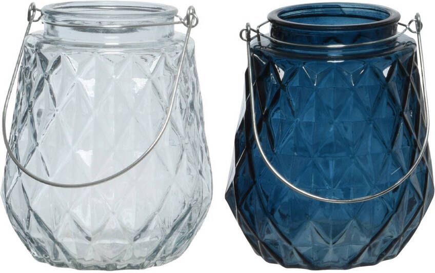 Decoris Set van 2x stuks theelichthouders waxinelichthouders ruitjes glas ijsblauw en donkerblauw 11 x 13 cm Waxinelichtjeshou