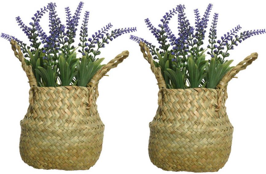 Everlands Lavendel kunstplant in rieten mand 2x lila paars D16 x H27 cm Kunstplanten