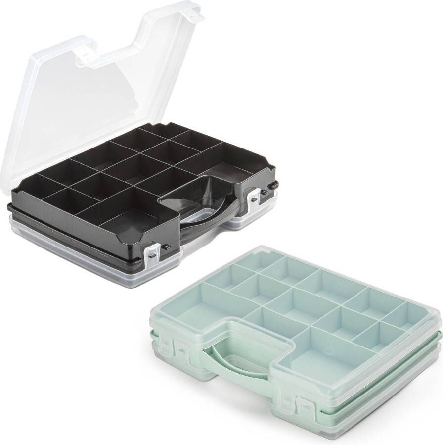 Forte Plastics 2x Opberg vakjes doos Sorteerbox 21-vaks kunststof 28 x 21 x 6 cm zwart groen Opbergbox