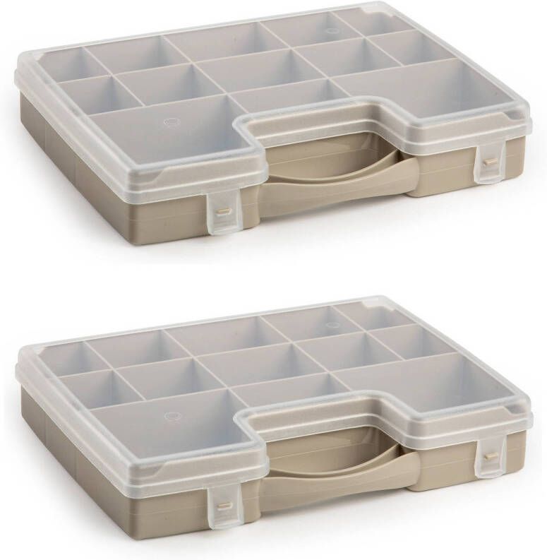 Forte Plastics 2x stuks opbergkoffertje opbergdoos sorteerboxen 13-vaks kunststof taupe 27 x 20 x 3 cm Opbergbox
