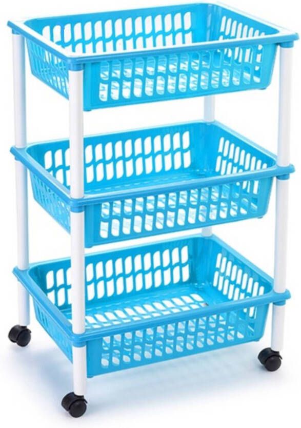 Forte Plastics Opberg trolley roltafel organizer met 3 manden 40 x 30 x 61 5 cm wit lichtblauw Opberg trolley