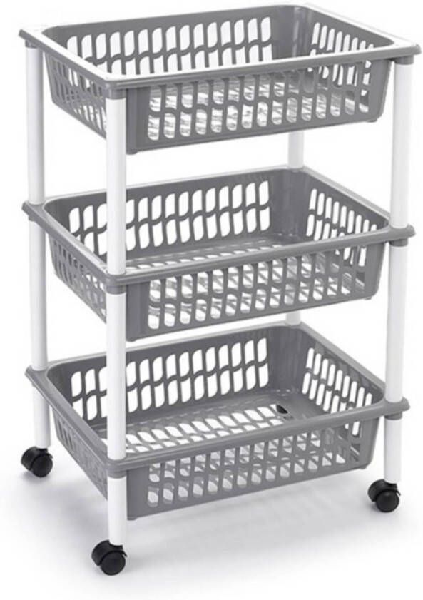 Forte Plastics Opberg trolley roltafel organizer met 3 manden 40 x 30 x 61 5 cm wit lichtgrijs Opberg trolley