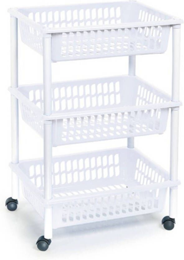 Forte Plastics Opberg trolley roltafel organizer met 3 manden 40 x 30 x 61 5 cm wit wit Etagewagentje karretje met opbergkratten