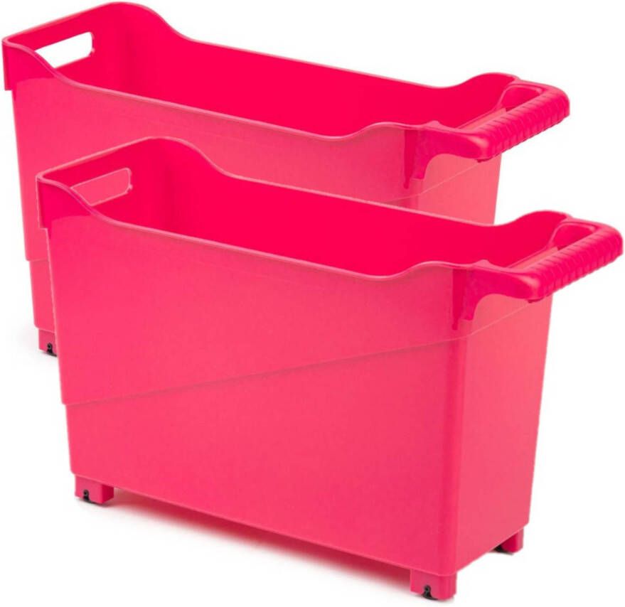 Forte Plastics Set van 2x stuks kunststof trolleys fuchsia roze op wieltjes L45 x B17 x H29 cm Opberg trolley