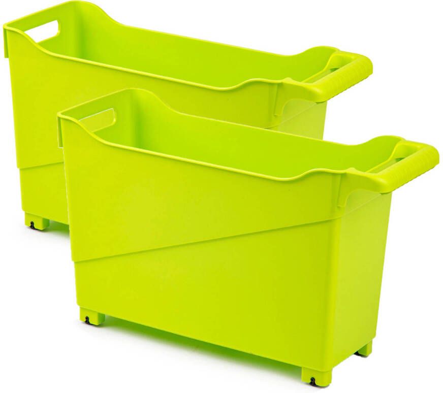 Forte Plastics Set van 2x stuks kunststof trolleys lime groen op wieltjes L45 x B17 x H29 cm Opberg trolley