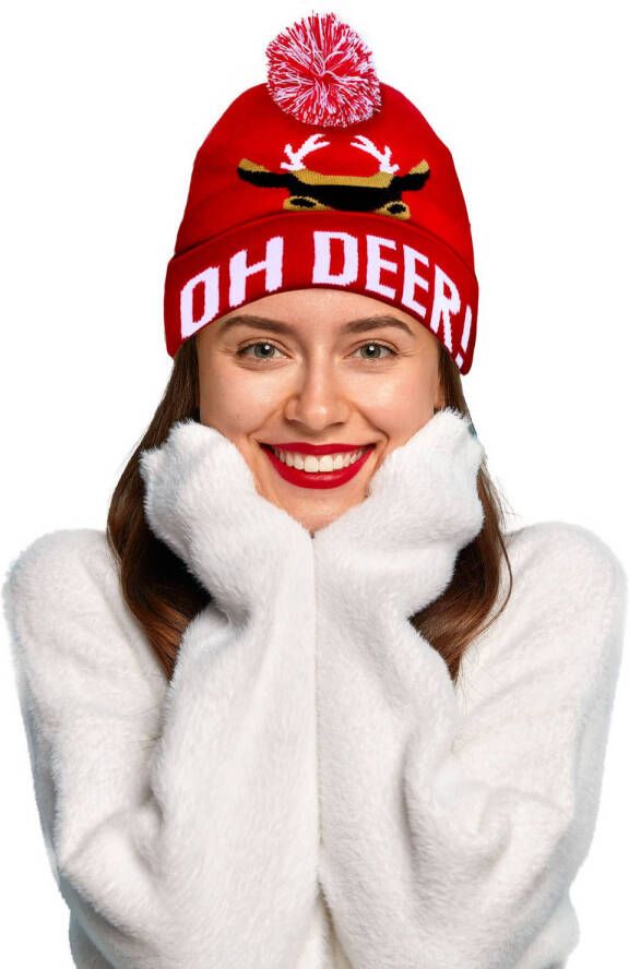 Funny Fashion Foute kerstmuts rood Oh Deer! volwassenen acryl wintermuts Kerstmutsen