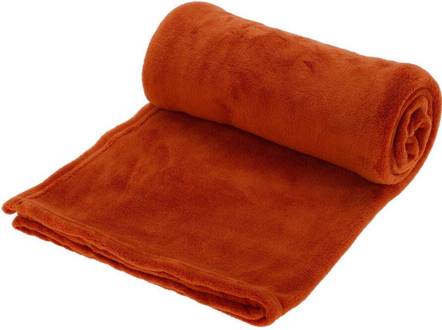 H&S Collection Polyester fleece deken dekentje plaid 125 x 150 cm roest oranje Plaids