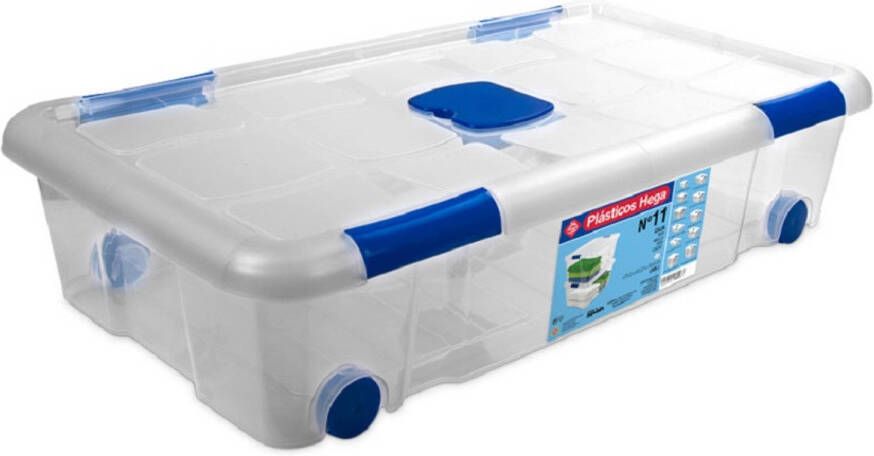 Hega Hogar 1x Opbergboxen opbergdozen met deksel en wieltjes 30 liter kunststof transparant blauw Opbergbox
