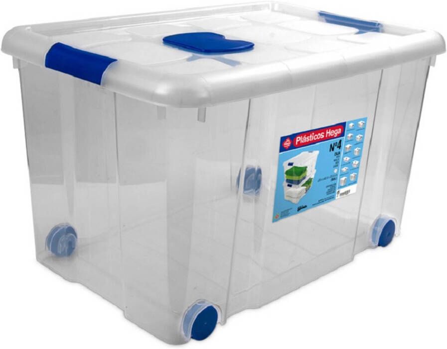 Hega Hogar 1x Opbergboxen opbergdozen met deksel en wieltjes 55 liter kunststof transparant blauw Opbergbox