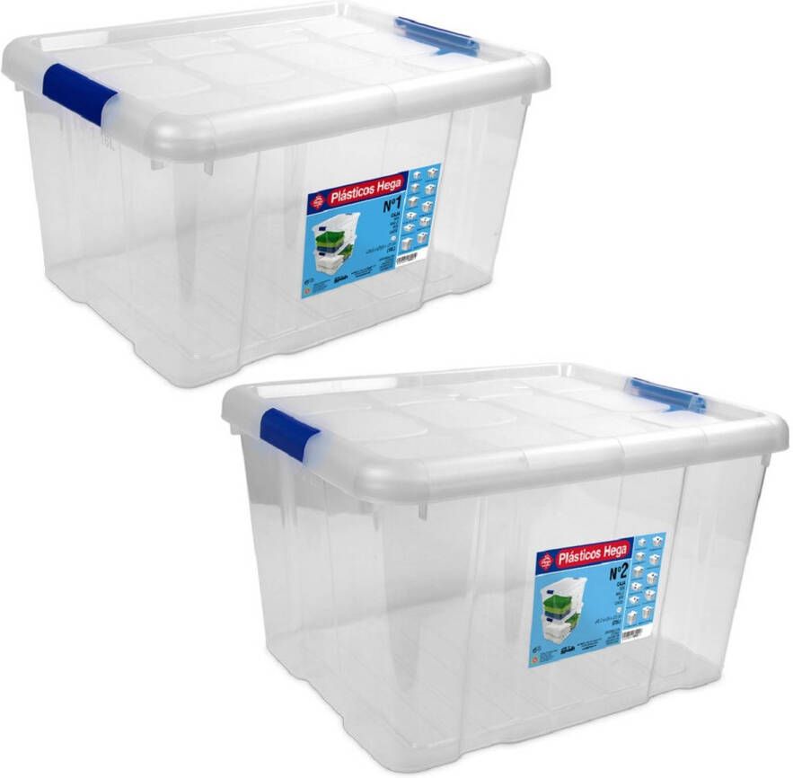 Hega Hogar 2x Opbergboxen opbergdozen met deksel 16 en 25 liter kunststof transparant blauw Opbergbox