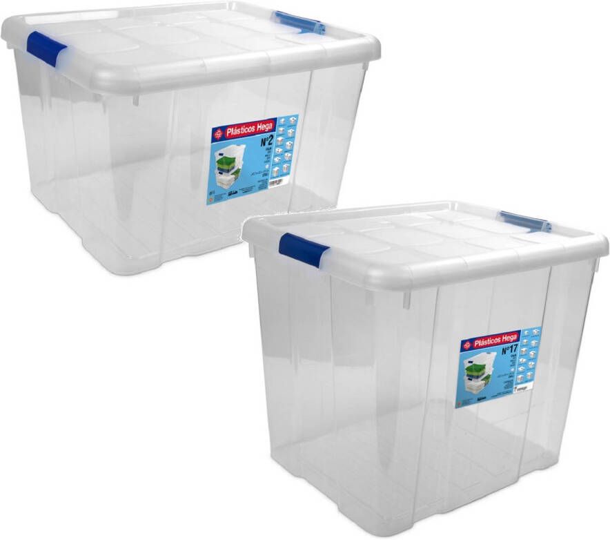 Hega Hogar 4x Opbergboxen opbergdozen met deksel 25 en 35 liter kunststof transparant blauw Opbergbox