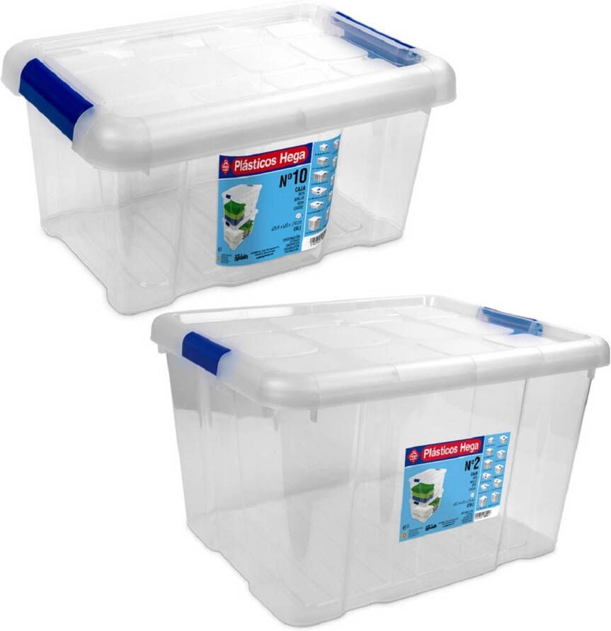 Hega Hogar 4x Opbergboxen opbergdozen met deksel 5 en 25 liter kunststof transparant blauw Opbergbox