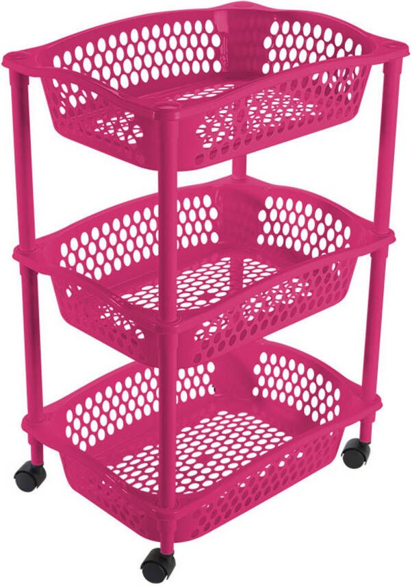 Hega Hogar Keuken kamer opberg trolleys roltafels met 3 manden 62 x 41 cm fuchsia roze Etagewagentje met opbergkratten Opberg trolley