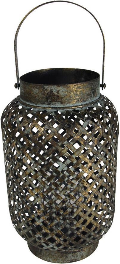 Lesli Living Vintage metalen lantaarn windlicht met glas Luna Cross 30 cm Metalen woonaccessoires Tuindecoratie artikelen van metaal Lantaarns