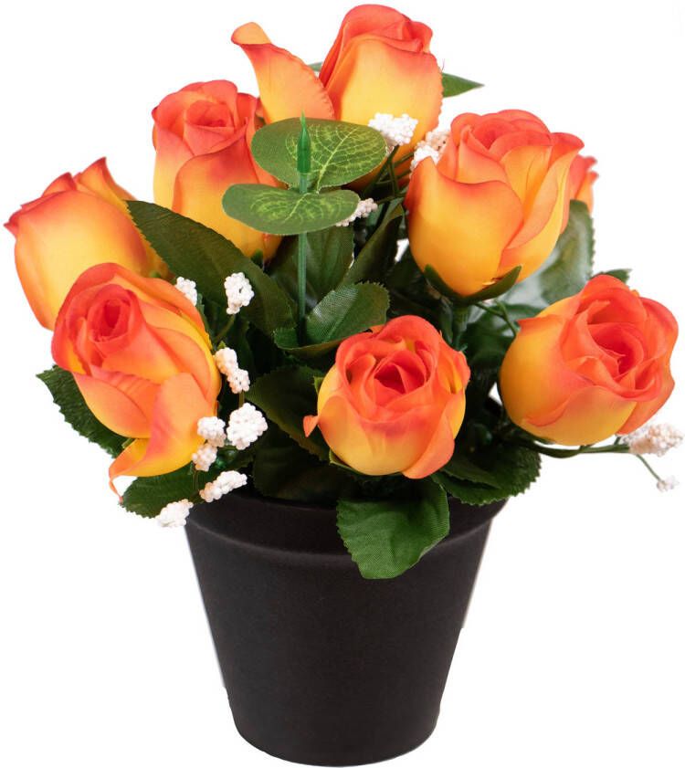 Louis Maes Kunstbloemen klein boeketje rozen in pot oranje H25 cm Bloemstuk Bladgroen Kunstbloemen