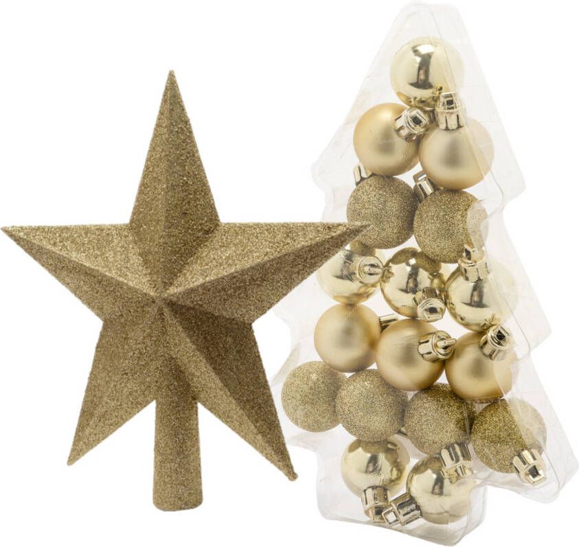 Merkloos 17x stuks kerstballen 3 cm inclusief ster piek goud kunststof Kerstbal