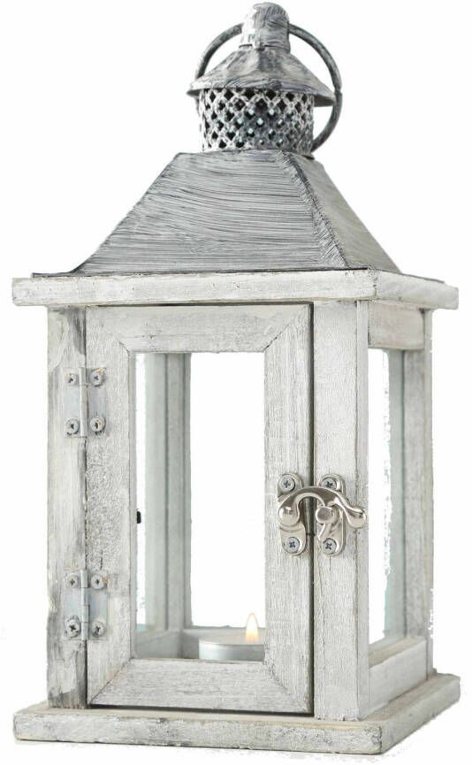 Merkloos 1x Houten windlicht lantaarn kaarsenhouders wit 13 x 25 cm- Landelijke woonstijl Woonaccessoires woondecoraties Windlichten