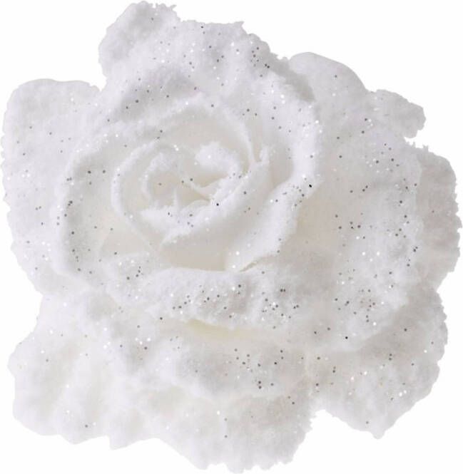 Merkloos 1x Kerstboomversiering bloem op clip wit en besneeuwd 10 cm kerstfiguren witte kerstversieringen
