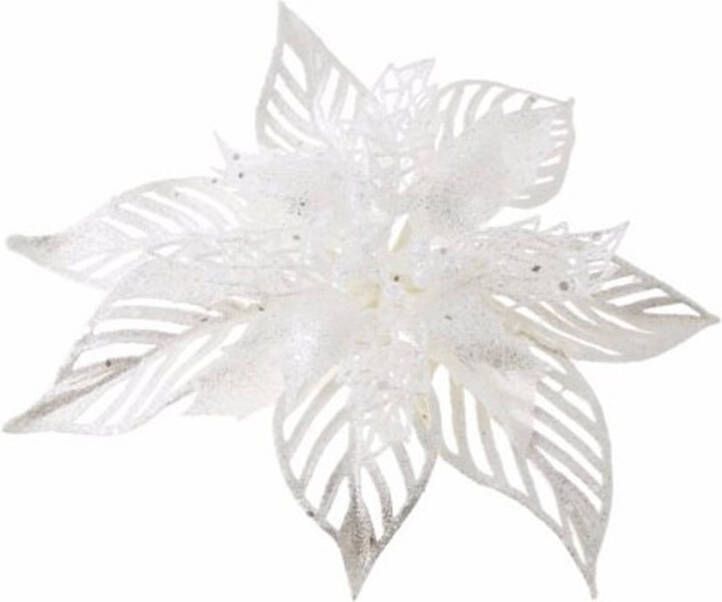 Merkloos 1x Kerstboomversiering bloem op clip witte kerstster 23 cm kerstfiguren witte kerstversieringen