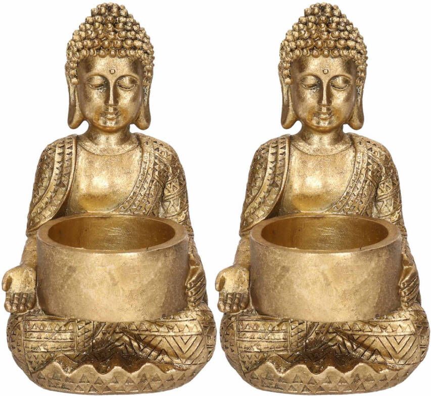 Merkloos 2x Zittende Boeddha waxinelichthouder goud 14 cm Woondecoratie woonaccessoires Decoratiebeeldjes Waxinelicht kaars theelicht houders Boeddhabeelden voor in huis Waxinelichtjeshouders