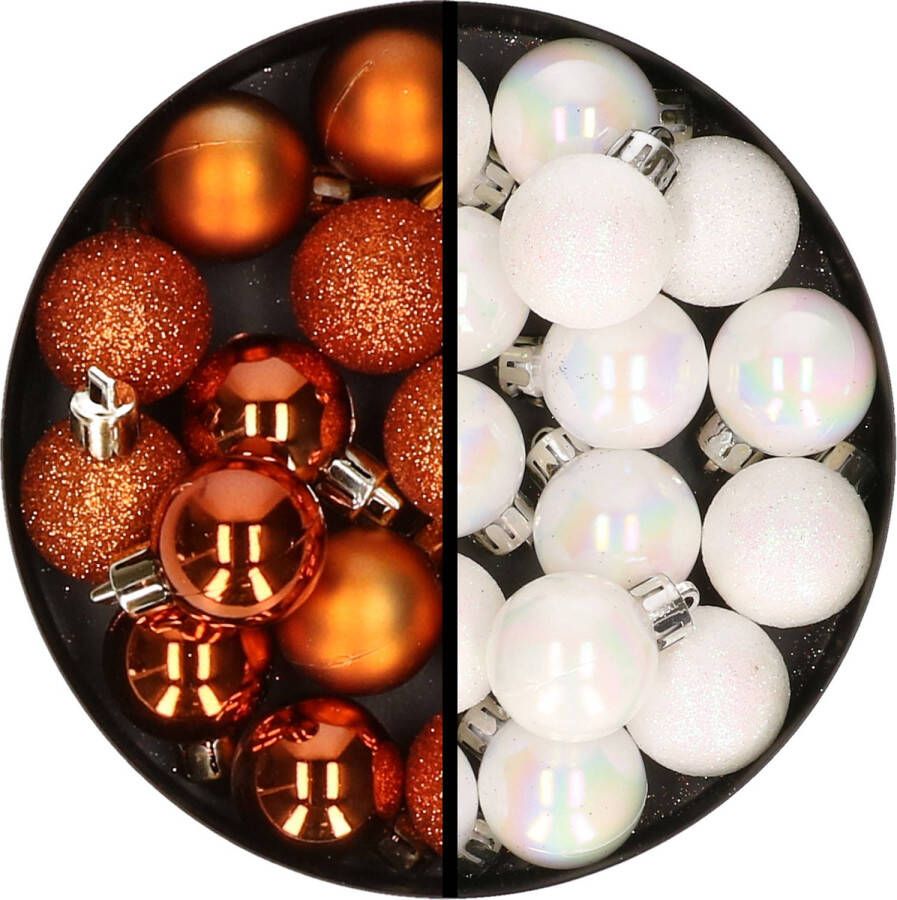 Merkloos 34x stuks kunststof kerstballen oranje en parelmoer wit 3 cm Kerstbal