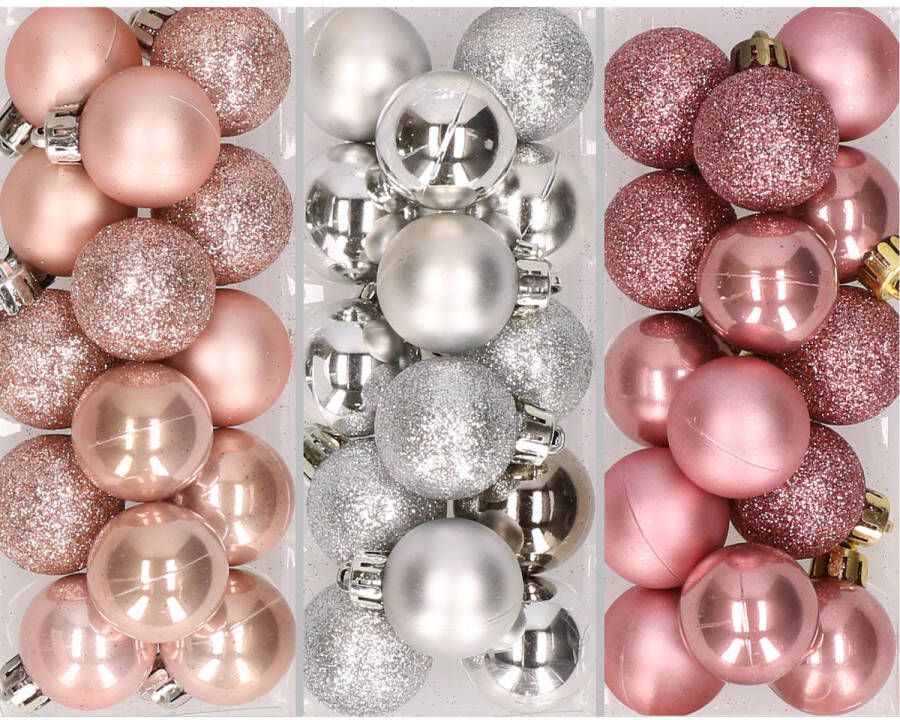 Merkloos 42x Stuks kunststof kerstballen mix zilver lichtroze oud roze 3 cm Kerstbal