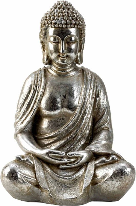 Merkloos Boeddha beeldje zittend binnen buiten kunststeen zilver 48 x 31 cm Beeldjes