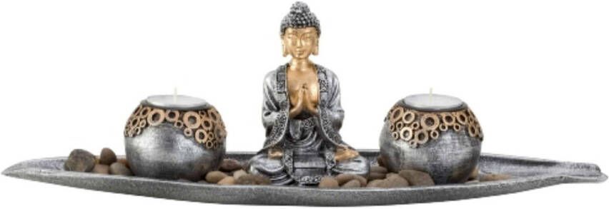 Merkloos Boeddha decoratie beeldje met 2 kaarshouders op schaal kunststeen zilver bruin 30 x 11 cm Beeldjes