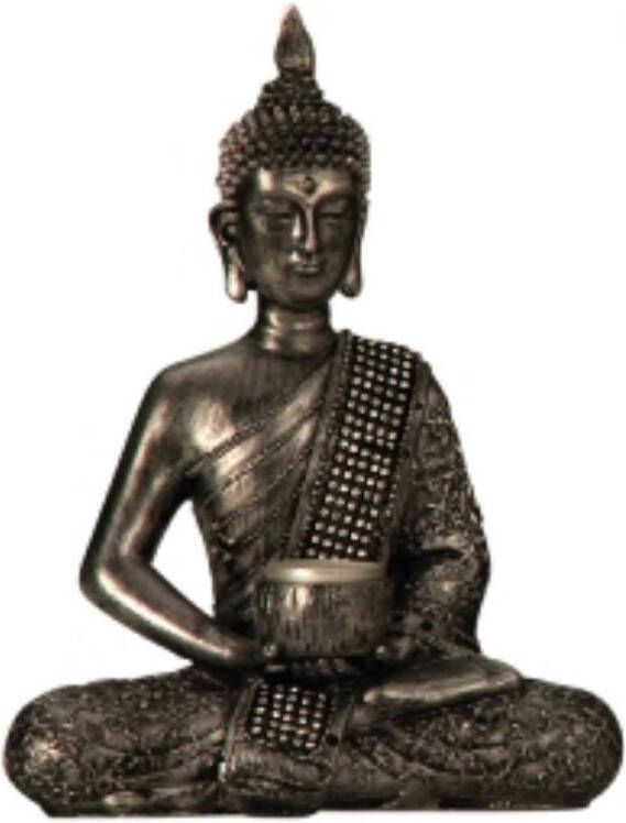 Merkloos Boeddha decoratie beeldje met kaarshouder kunststeen zilver 26 x 20 cm Beeldjes