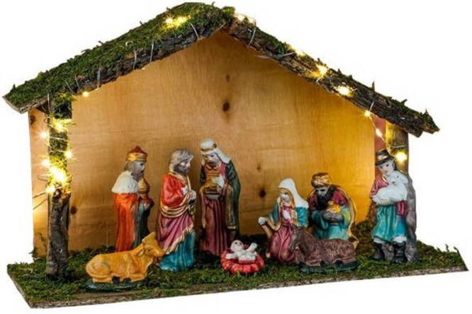 Merkloos Verlichte kerststal met kerststal beelden figuren 40 x 16 x 25 5 cm Kerststallen