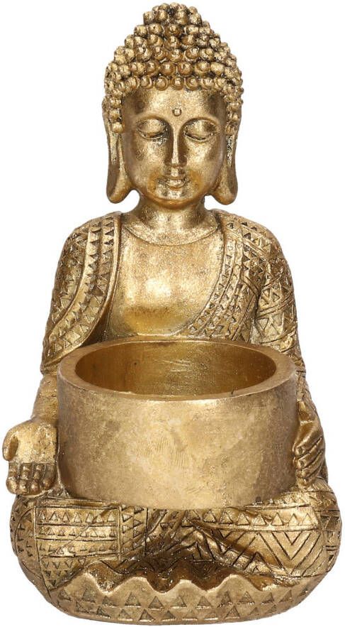 Merkloos 1x Zittende Boeddha waxinelichthouder goud 14 cm Woondecoratie woonaccessoires Decoratiebeeldjes Waxinelicht kaars theelicht houders Boeddhabeelden voor in huis Waxinelichtjeshouders