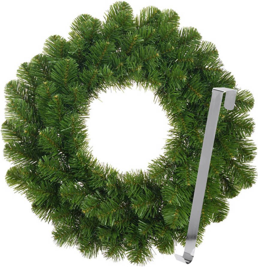 Merkloos Kerstkrans 45 cm groen met zilveren hanger ophanghaak kerstversiering Kerstkransen