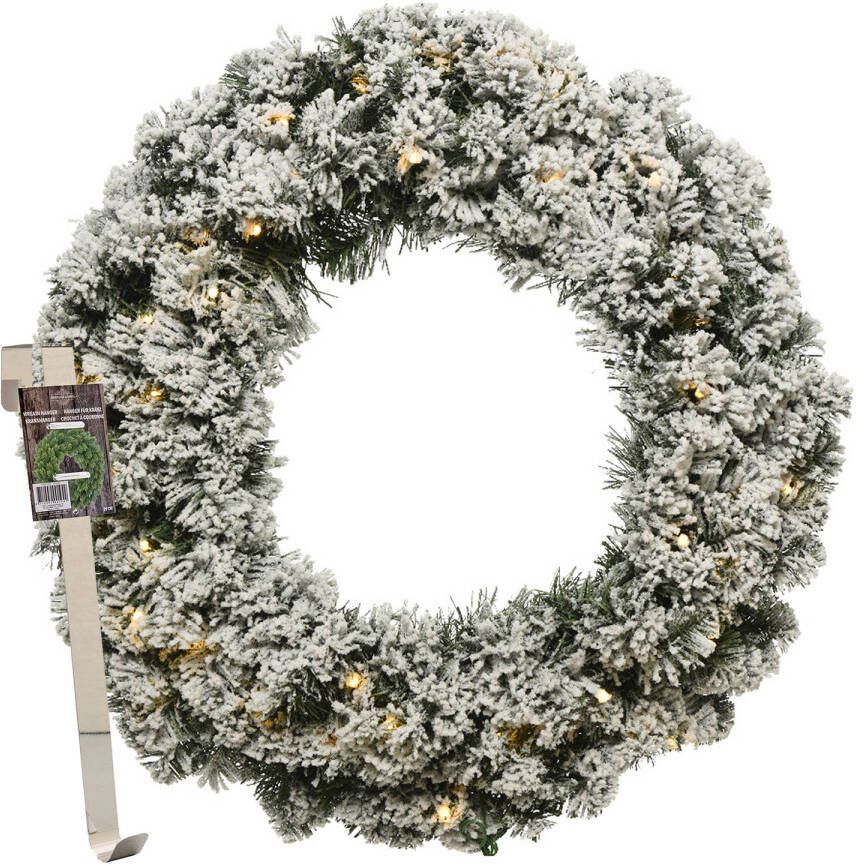 Merkloos Kerstkrans 50 cm groen met led besneeuwd met messing zilveren hanger ophanghaak Kerstkransen