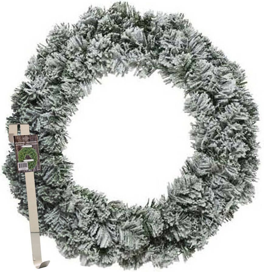 Merkloos Kerstkrans 60 cm groen besneeuwd met messing zilveren hanger ophanghaak kerstversiering Kerstkransen