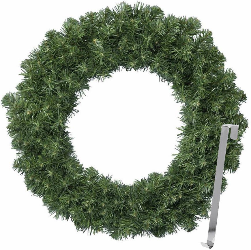 Merkloos Kerstkrans 60 cm groen met zilveren hanger ophanghaak kerstversiering Kerstkransen