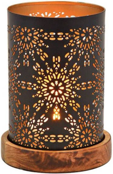 Merkloos Metalen design windlicht kaarsenhouder zwart goud 10 x 18 cm op houten sokkel. Voor waxinelichtjes Waxinelichtjeshouders