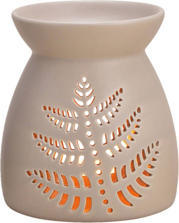Merkloos Ronde geurbrander oliebrander met blad decoratie keramisch beige 11 x 13 cm Geurbranders