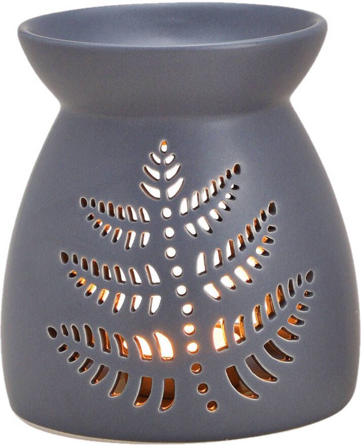 Merkloos Ronde geurbrander oliebrander met blad decoratie keramisch grijs 11 x 13 cm Geurbranders
