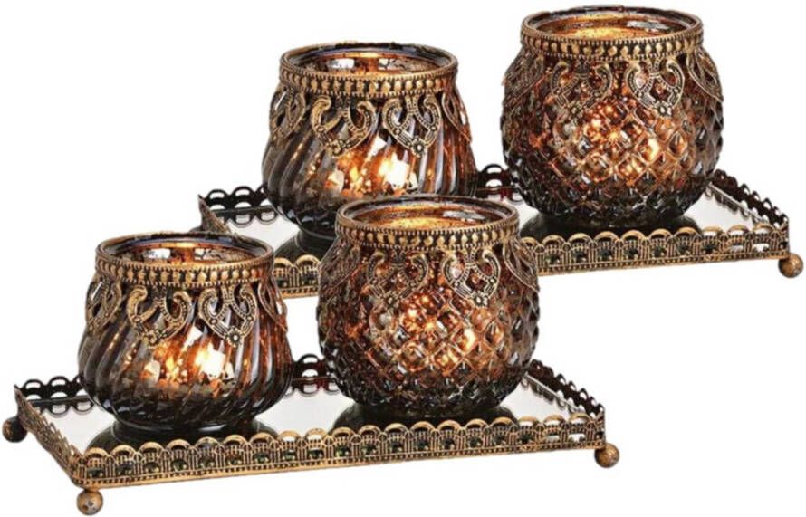 Merkloos Set van 2x stuks glazen design windlichtjes kaarsenhouders 2x stuks set in het zwart goud 20 x 9 x 10 cm. Voor waxinelichtjes Waxinelichtjeshouders