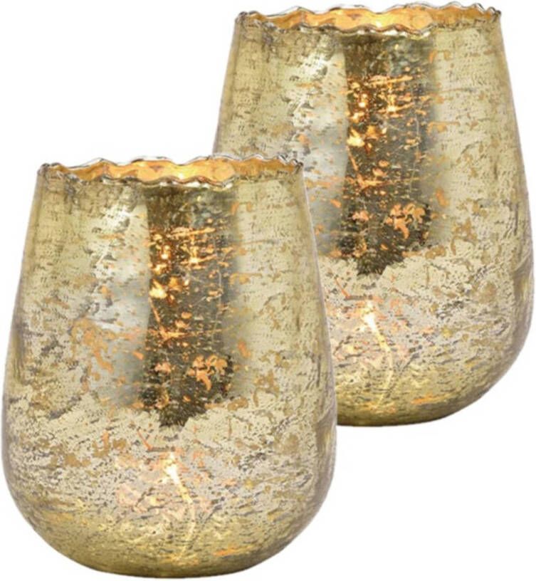 Merkloos Set van 2x stuks glazen design windlicht kaarsenhouder champagne goud 12 x 15 x 12 cm Waxinelichtjeshouders