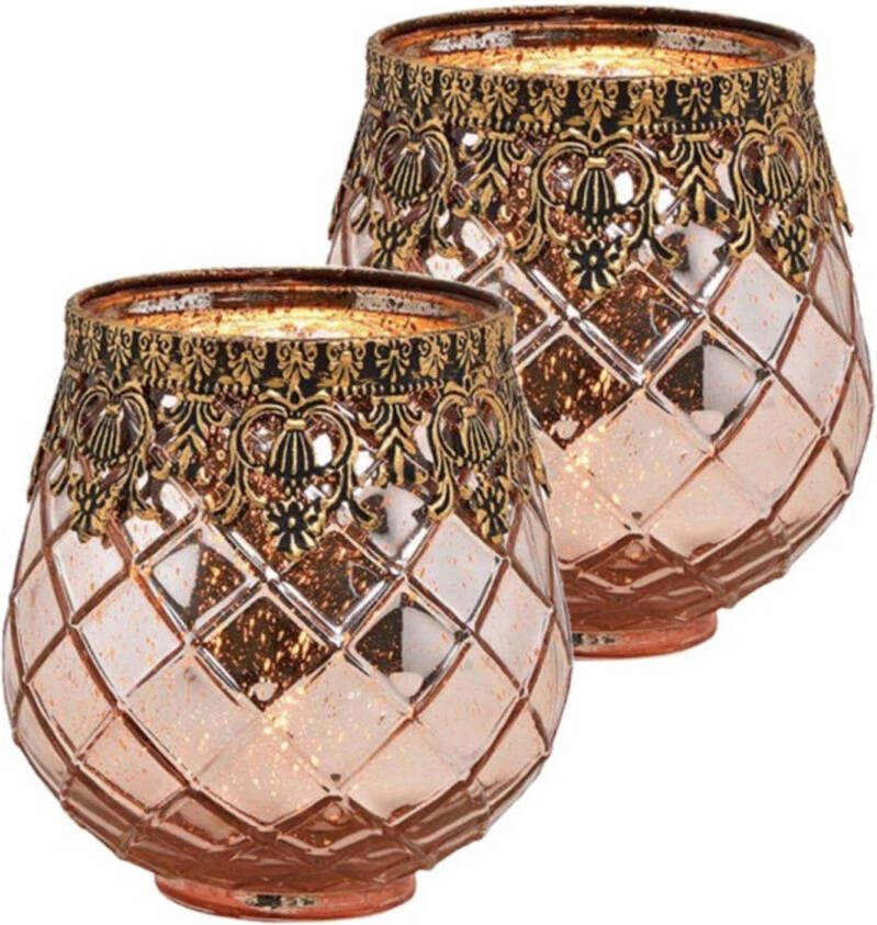 Merkloos Set van 2x stuks glazen design windlicht kaarsenhouder rose goud 13 x 14 x 13 cm Waxinelichtjeshouders