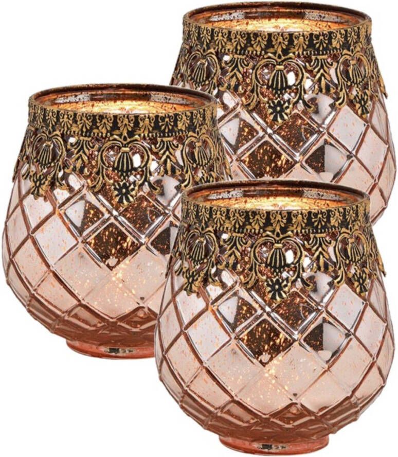 Merkloos Set van 3x stuks glazen design windlicht kaarsenhouder in de kleur rose goud met formaat 13 x 14 x 13 cm. Voor waxinelichtjes Waxinelichtjeshouders