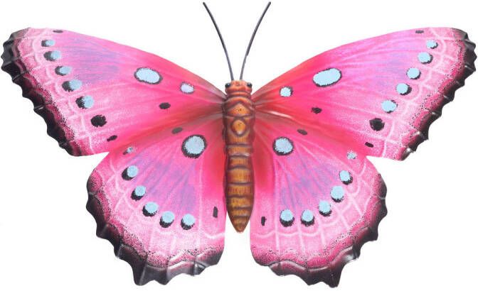 Merkloos Tuindecoratie vlinder van metaal roze zwart 37 cm Metalen schutting decoratie vlinders Dierenbeelden tuindecoratie