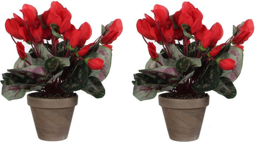 Mica Decorations 2x stuks cyclaam kunstplanten rood in keramieken pot H30 x D30 cm Kunstplanten nepplanten met bloemen Kunstplanten