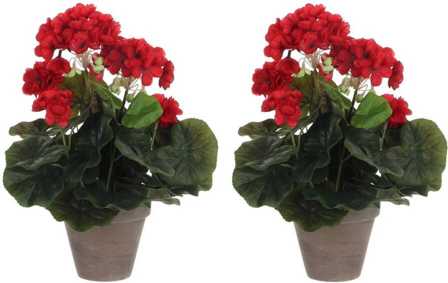 Mica Decorations 2x stuks geranium kunstplanten rood in keramieken pot H34 x D20 cm Kunstplanten